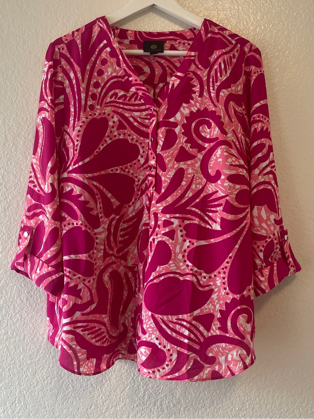 JM Collection Hot Pink and Light Pink Abstract Floral Blouse